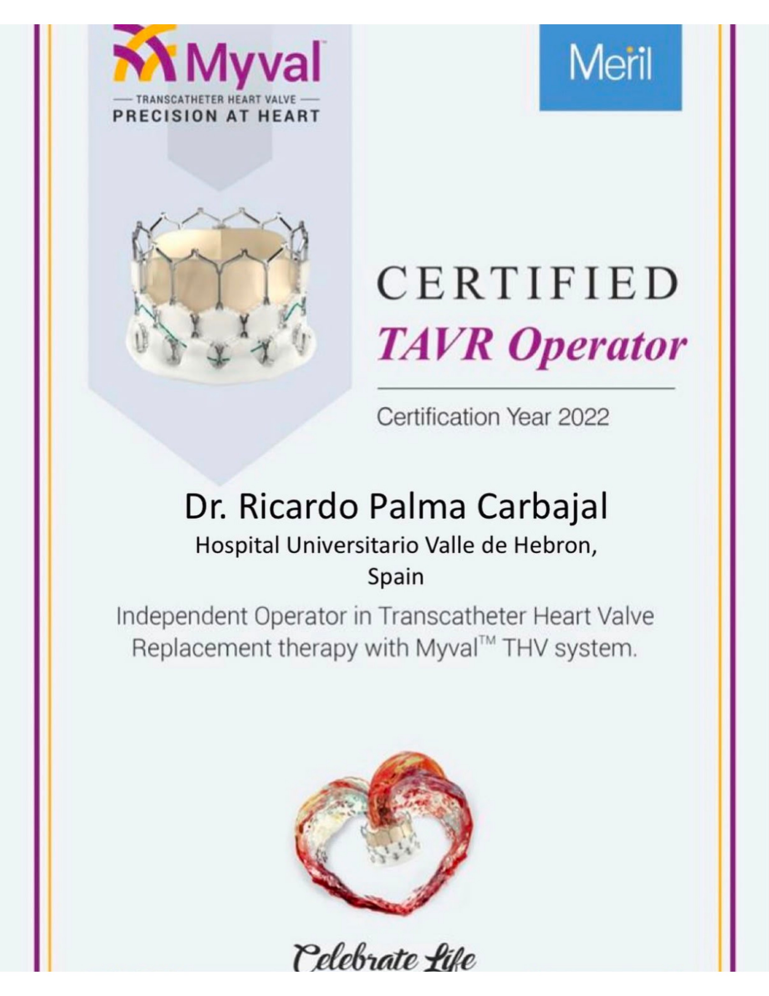 Certificado Meril Myval — Certified TAVR Operator 2022, otorgado a Dr. Ricardo Palma Carbajal, Hospital Universitario Vall d'Hebron