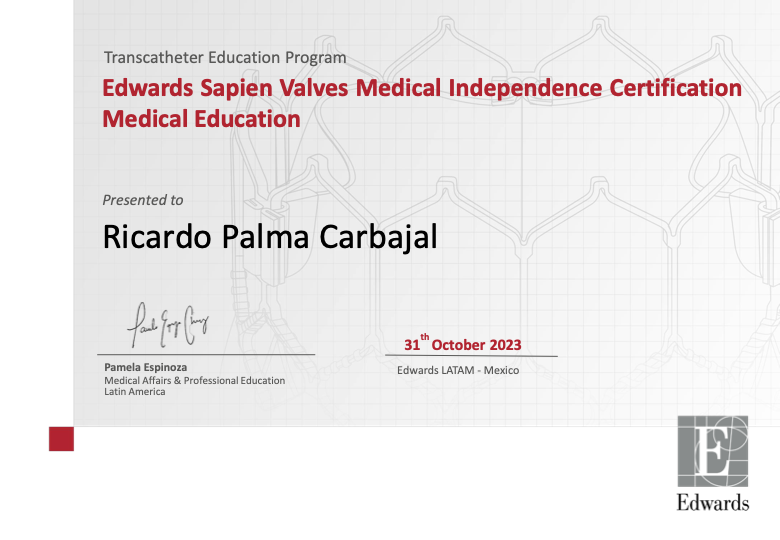 Certificado Edwards SAPIEN — Medical Independence Certification, Transcatheter Education Program, otorgado a Ricardo Palma Carbajal, 31 de octubre de 2023